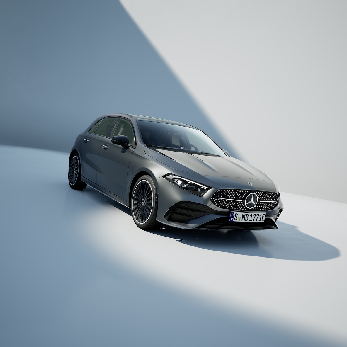 Frontal side view of a Mercedes-Benz A-Class.