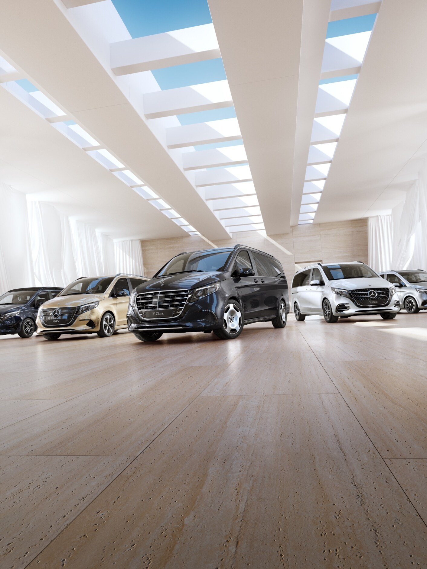 The Mercedes-Benz Van and Camper models are in a showroom.