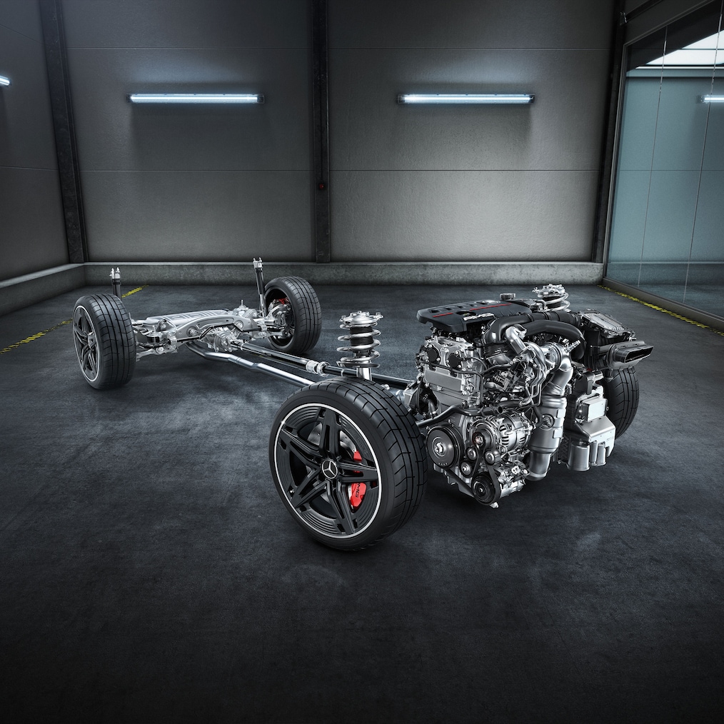 The chassis with drivetrain of the Mercedes-AMG CLA 45 S 4MATIC+ Coupé.