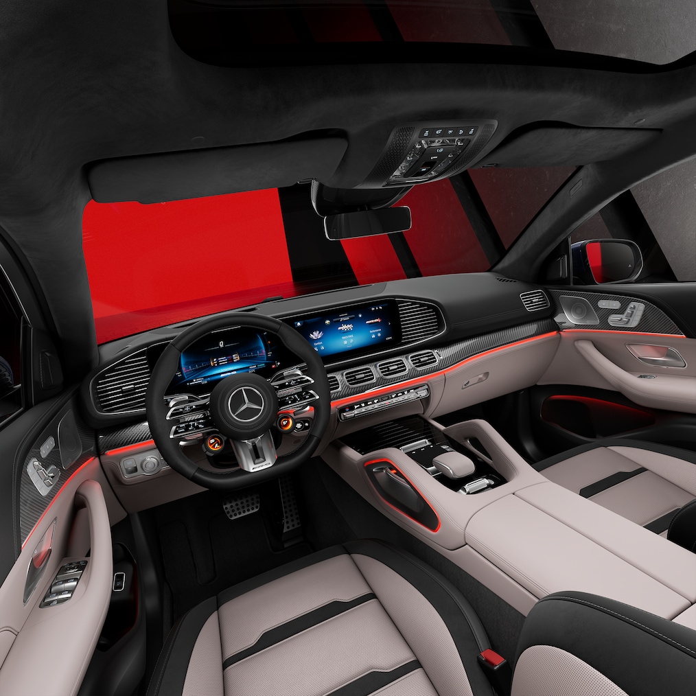 Side view of the front seats and cockpit of a Mercedes-AMG GLE Coupé.