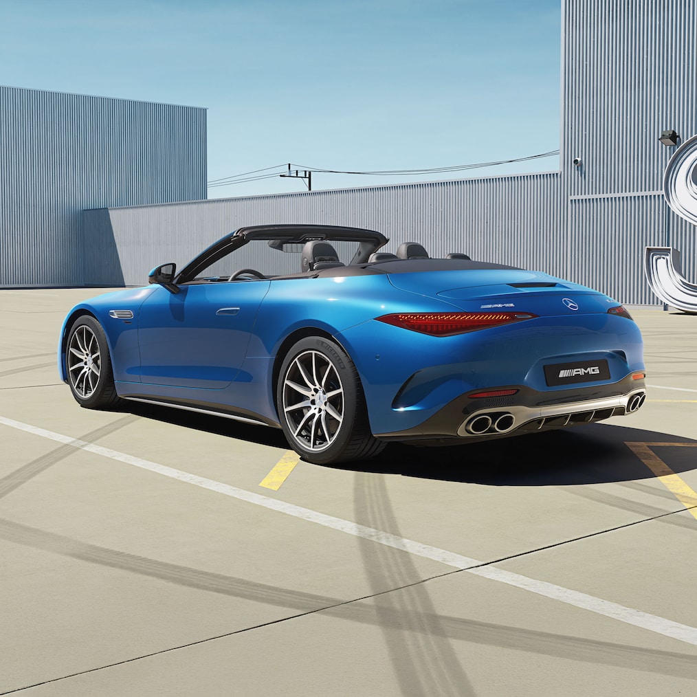 Mercedes-AMG SL Roadster with soft top down, seen from above.