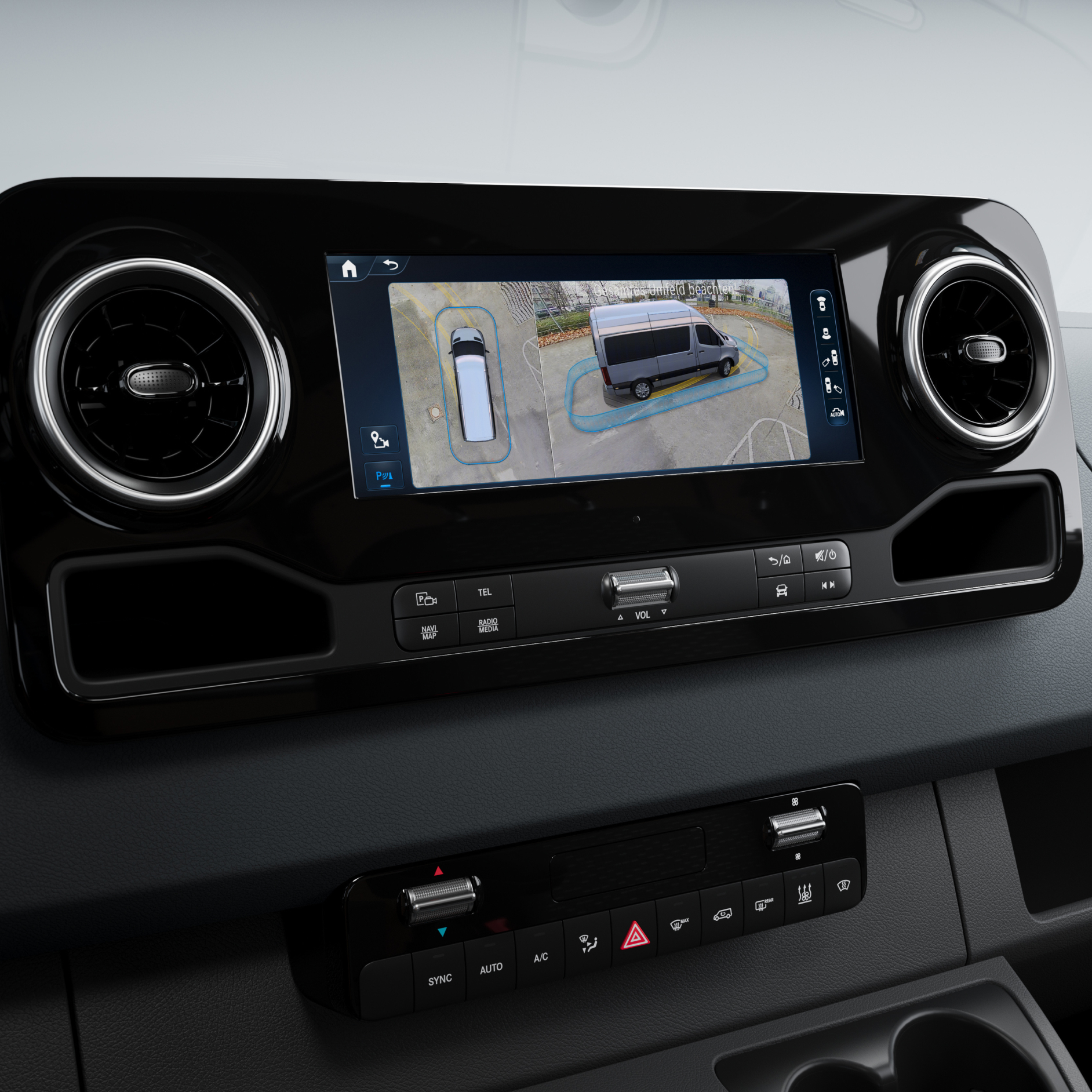 Vehicle features | Assistance systems | Mercedes-Benz Mercedes-Benz van MBUX screen displaying 360-degree camera parking view.