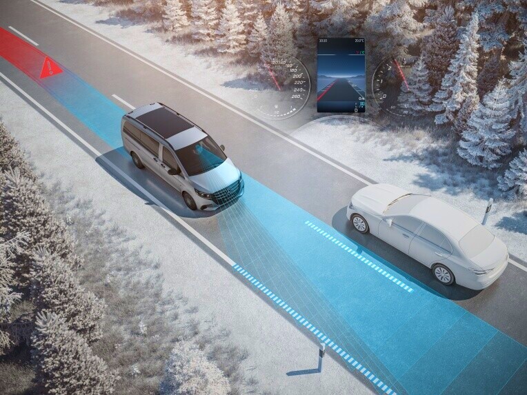 Active Lane Keeping Assist | Vito Panel Van | Mercedes-Benz Illustration of the Active Lane Keeping Assist for Mercedes-Benz Vito models.