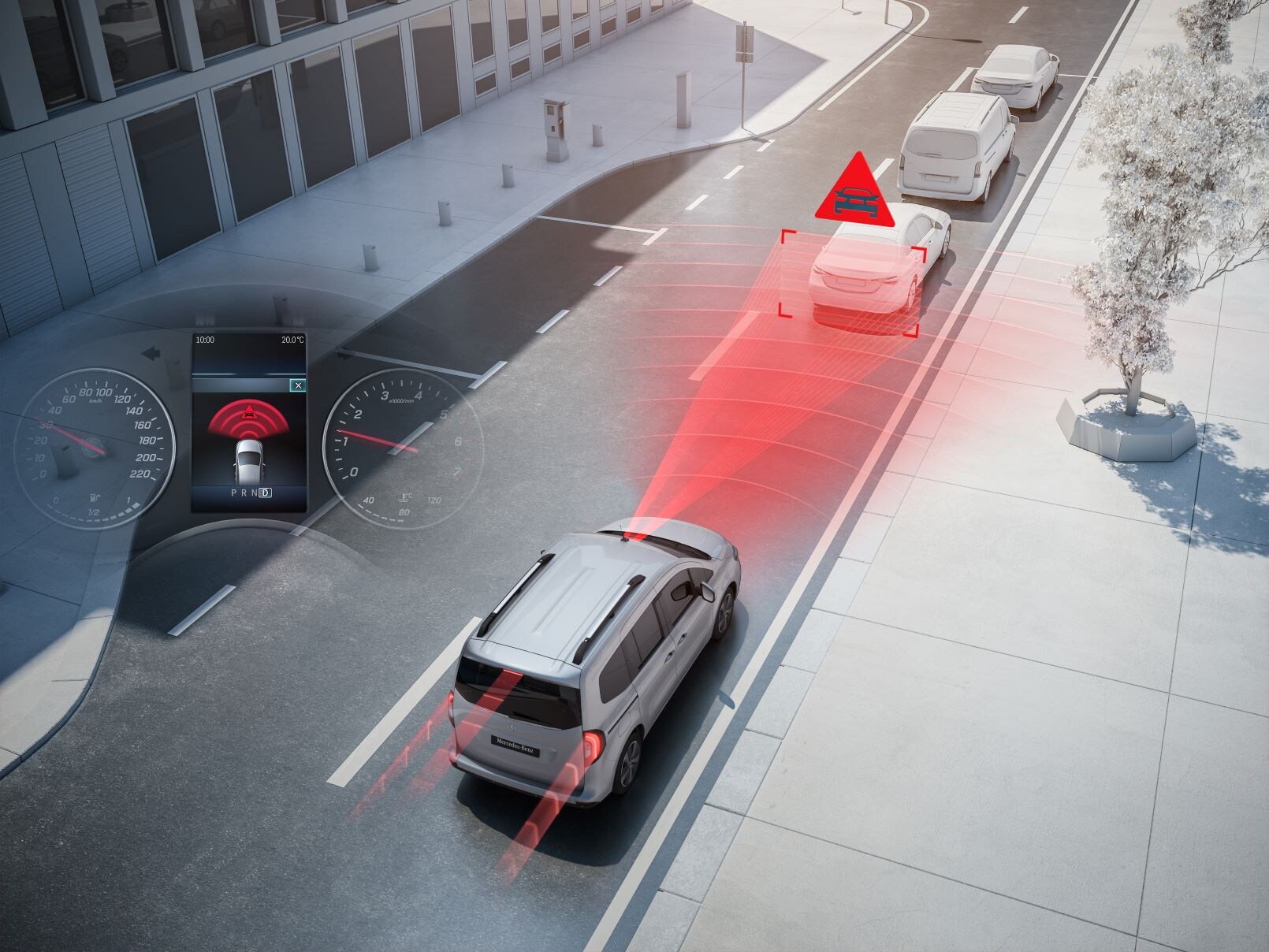 Driving assistance system visualised in road traffic with the Mercedes-Benz Citan Panel Van.