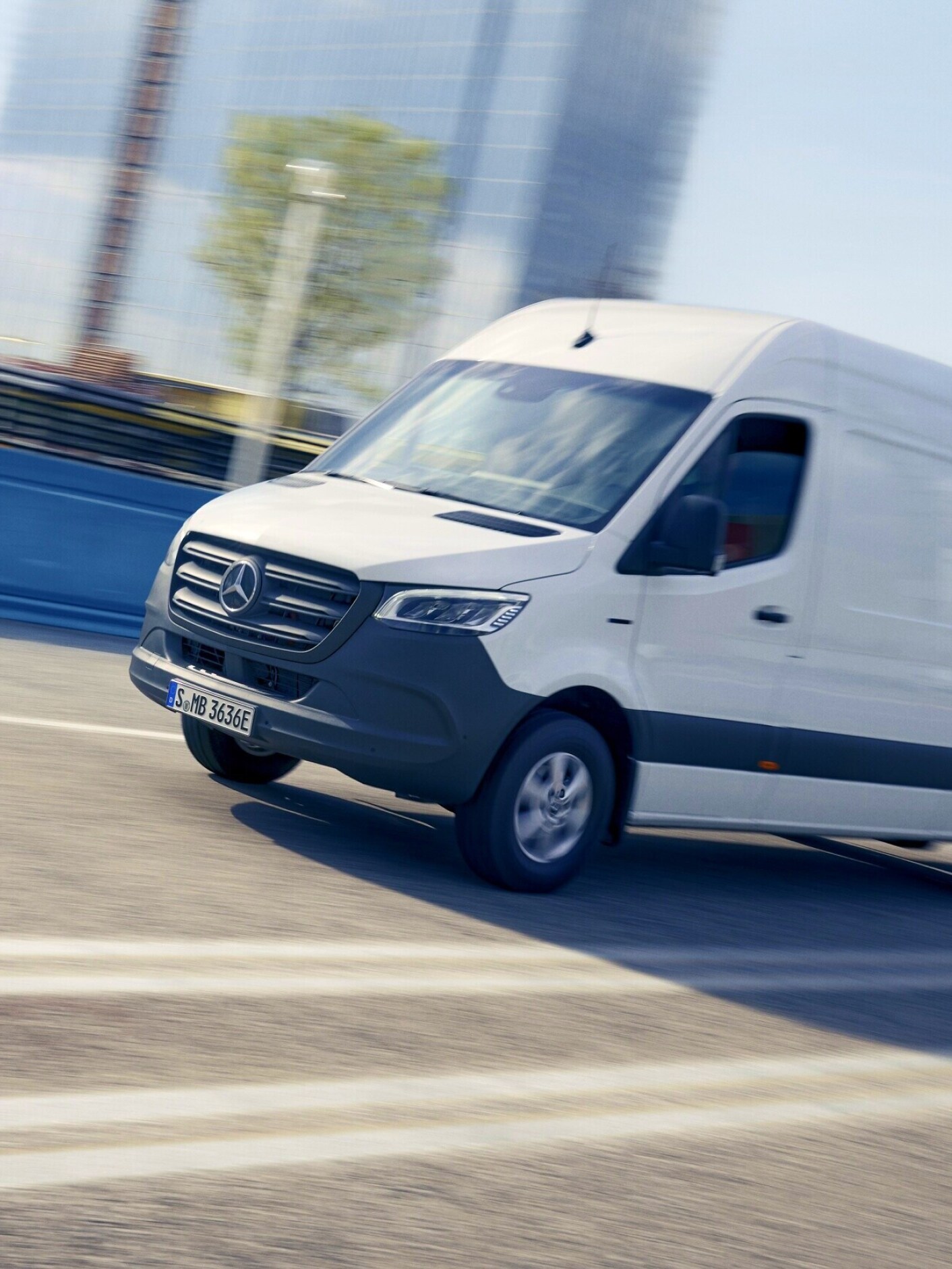 The Mercedes-Benz eSprinter Panel Van in the city centre.