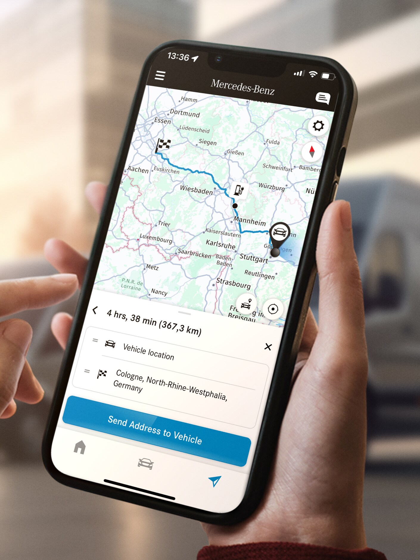 The Navigation with Electric Intelligence function from Mercedes-Benz on a smartphone.