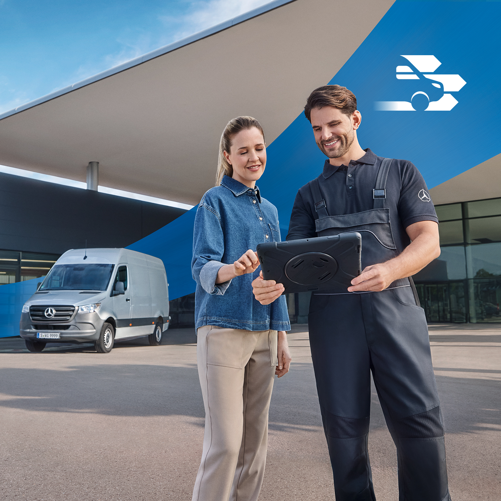 Mercedes-Benz | Services for Vans Two people in front of a dealership – comprehensive commercial vehicle service for Mercedes-Benz customers.