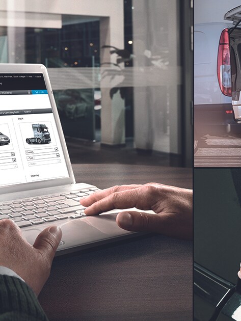 A person using an online parts catalogue, a delivery van, and a person fitting a rear light.